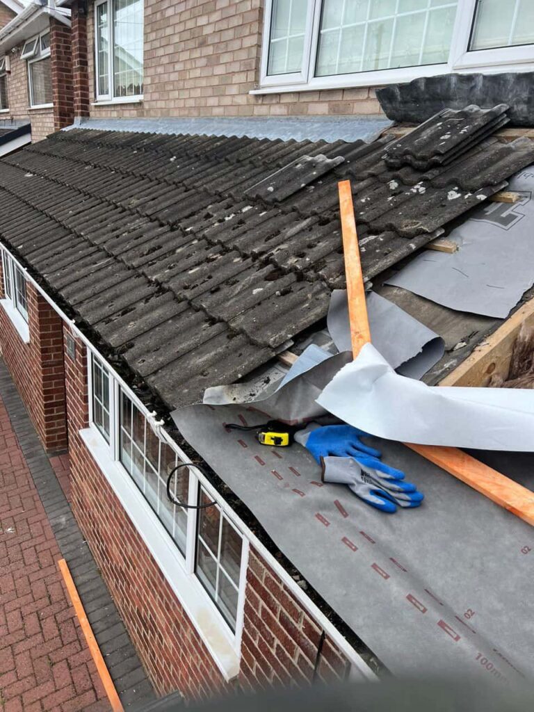 This is a photo of a pitched roof which is being repaired. The existing roof was leaking badly. Works carried out by Saxilby Roofing Repairs